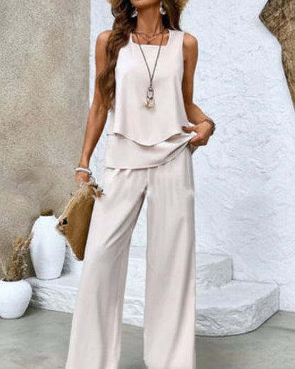 Print Suits Sleeveless Double-layer Vest And Loose Straight Pants Womens Clothing