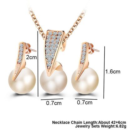 Rose Gold Pearl Necklace & Earrings Set – Crystal Accent Drop Jewelry Set for Women