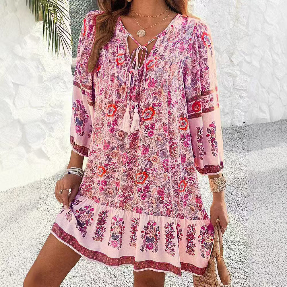 Bohemian Floral Elizabeth Ainsley V-Neck Midi Dress