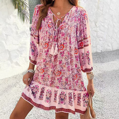 Bohemian Floral Elizabeth Ainsley V-Neck Midi Dress