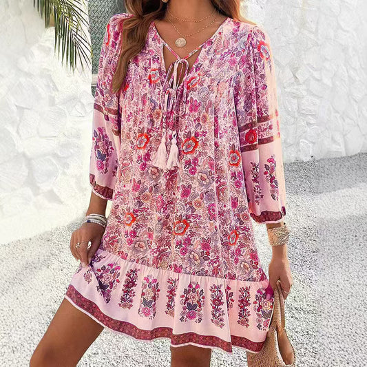 Bohemian Floral Elizabeth Ainsley V-Neck Midi Dress