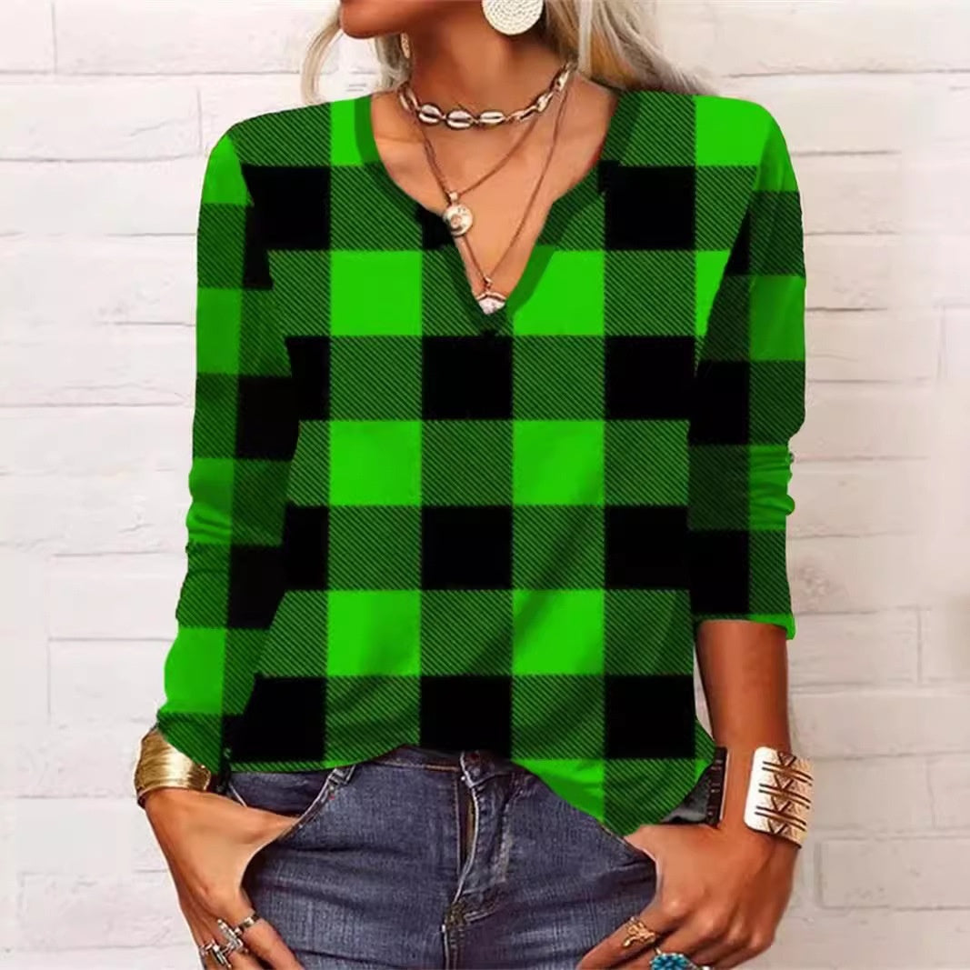 Plaid V-Neck Long Sleeve Top by Elizabeth Ainsley