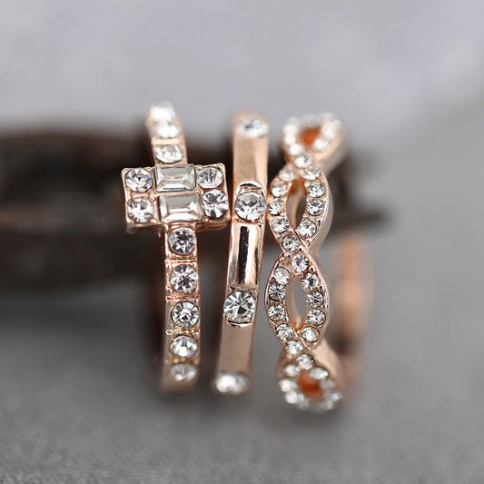 Rose Gold Stackable Pavé Ring Set – 3-Piece Minimal Diamond Bands