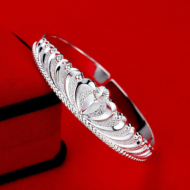 Crowned Open Cuff Bracelet with Ornate Sculpted Detail