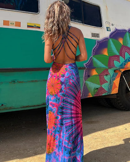 Vibrant Geometric Elizabeth Ainsley Backless Maxi Dress