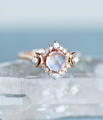 Moonstone Starburst Ring – Celestial Crystal Gold Band