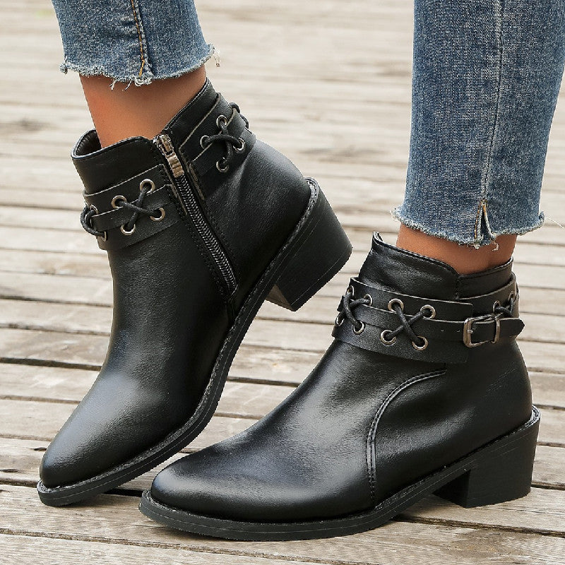 Elizabeth Ainsley Leather Ankle Boots - Thick Heel Zip