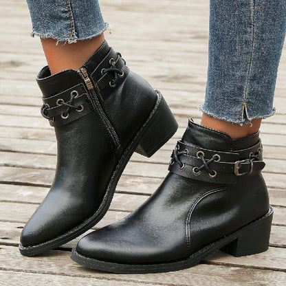 Elizabeth Ainsley Leather Ankle Boots - Thick Heel Zip