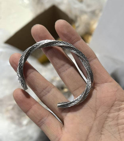 Herringbone Pattern Open Cuff Bracelet with Textured Finish