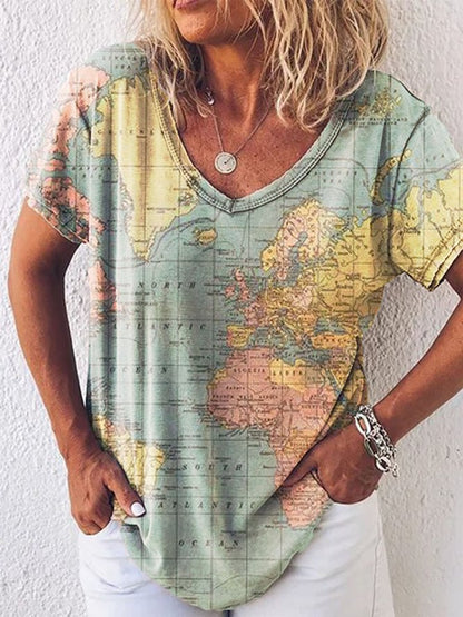 Map Print Elizabeth Ainsley V-Neck Everyday Top