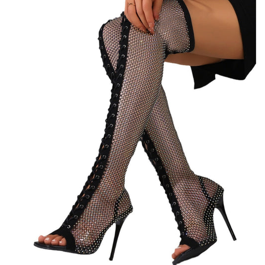 Melcha | Crystal Mesh Over-the-Knee Orthopedic Heel Boots