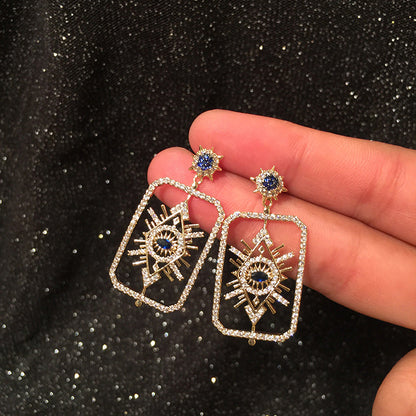 Blue Sunburst Eye Geometric Drop Earrings