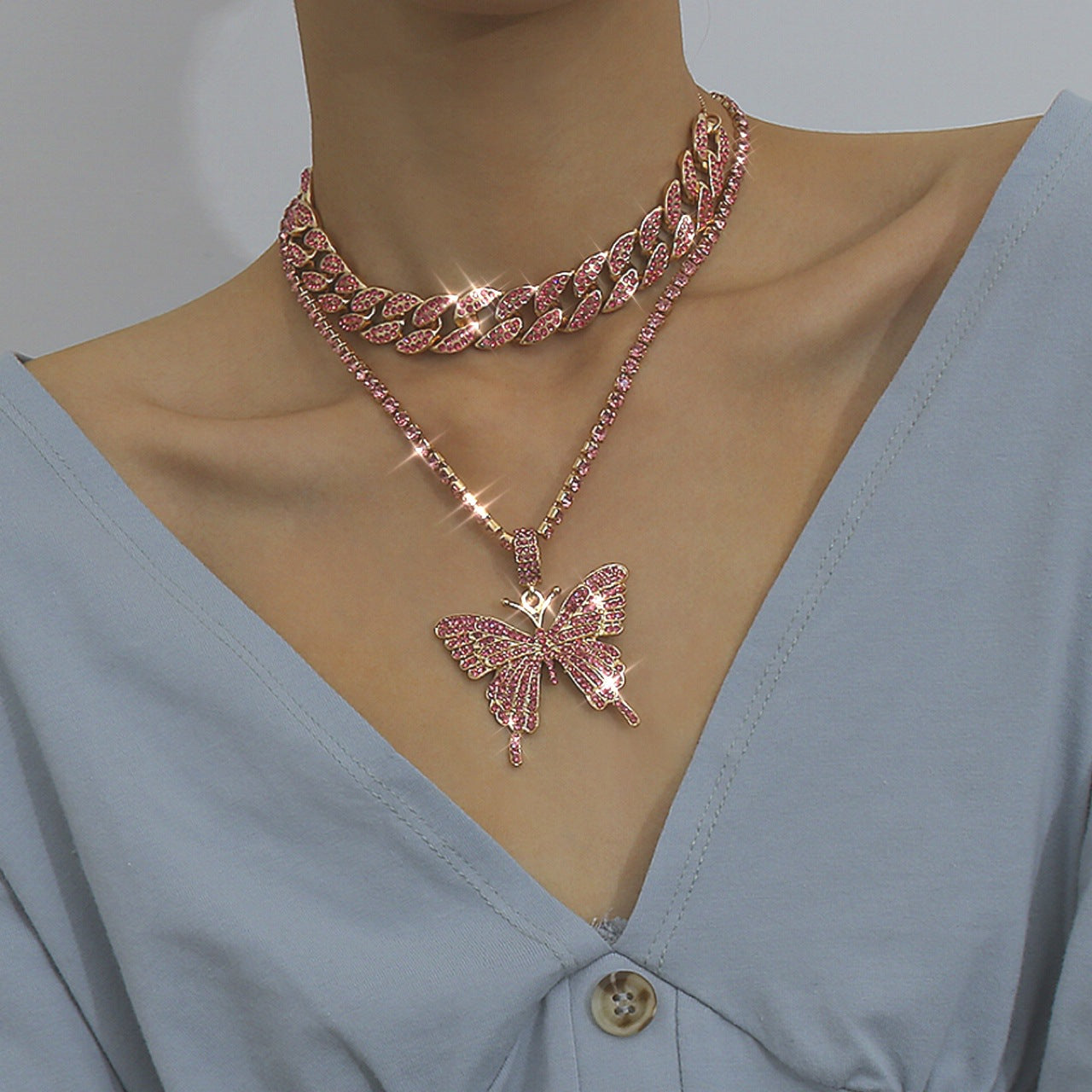 Crystal Butterfly Layered Chain Necklace