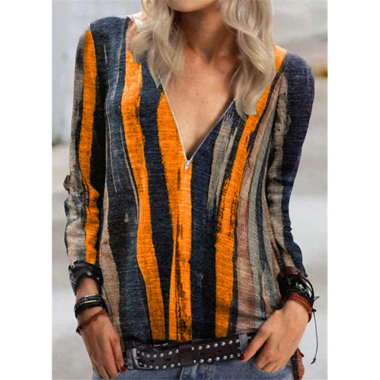 Vibrant Stripe Elizabeth Ainsley V-Neck Zip Top