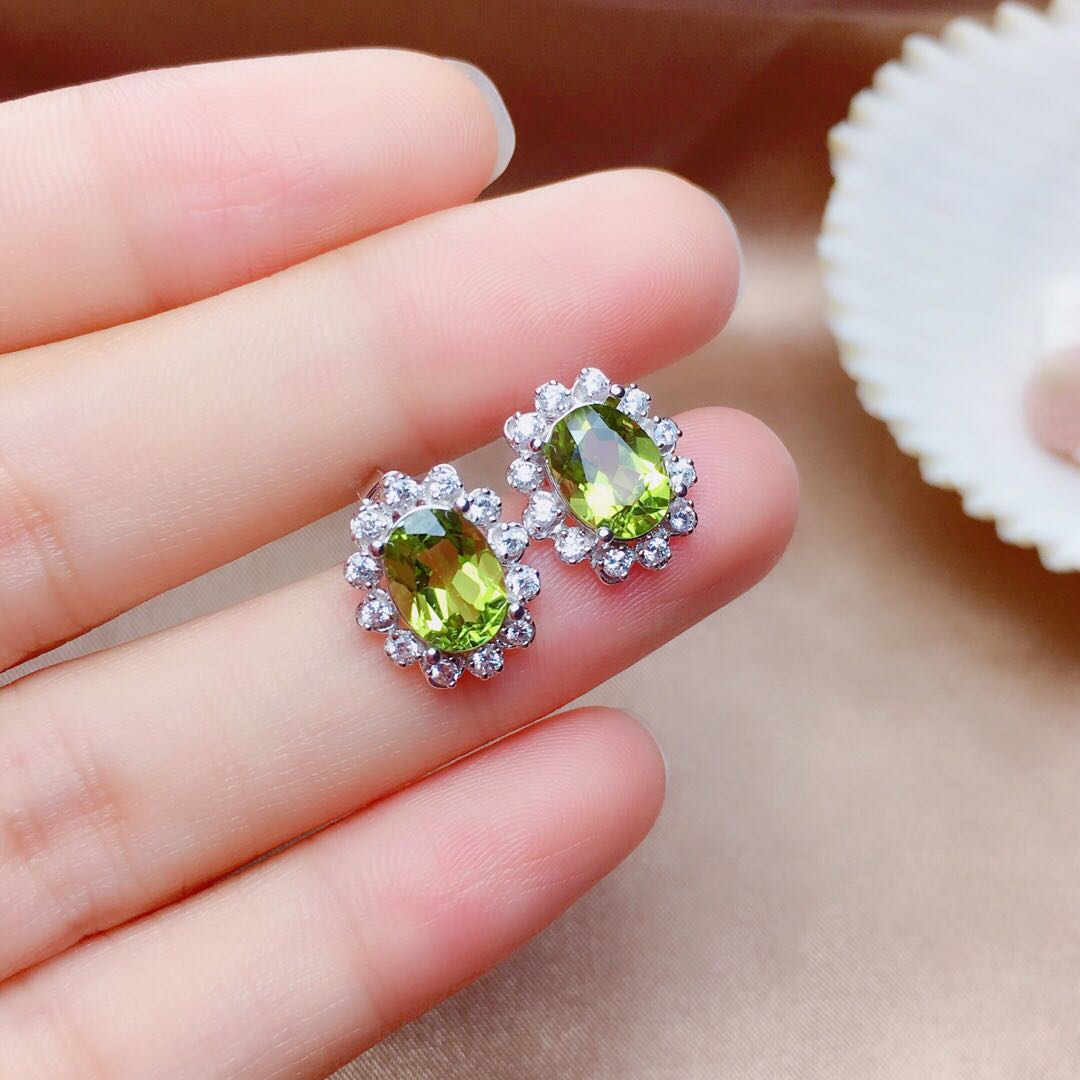 Olivine Crystal Pendant, Earrings & Ring with Sparkling Halo Design