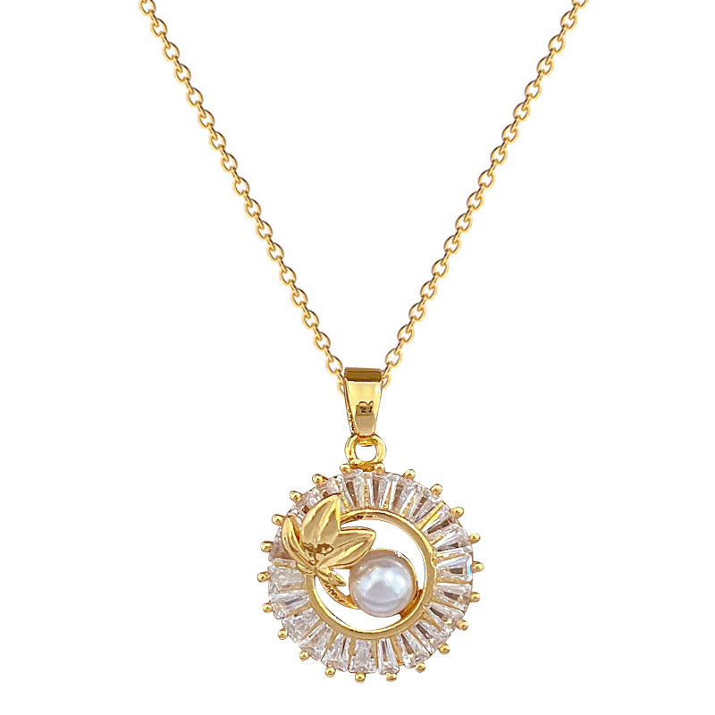 Gold Crystal Sun Pendant Necklace with Pearl Center