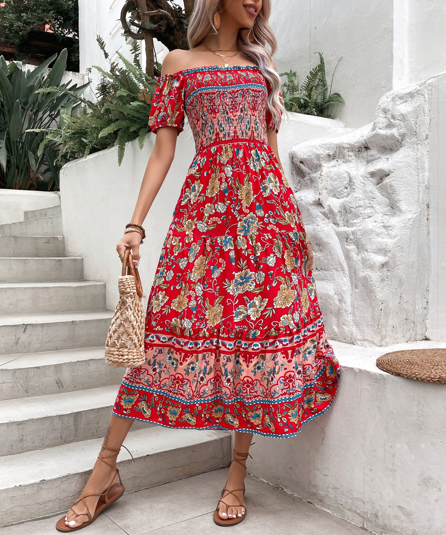 Boho Floral Elizabeth Ainsley Off-Shoulder Midi Dress