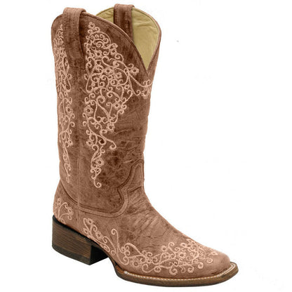 Elizabeth Ainsley Embroidered Mid-Calf Boots - Chunky Heel