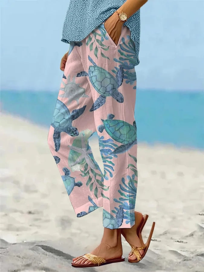 Sea Turtle Print Elizabeth Ainsley Cropped Pants