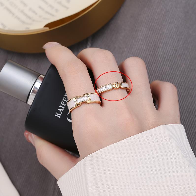 Modern Geometric Gold Link Adjustable Ring with Baguette Accents