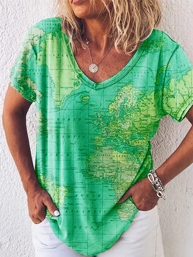 Map Print Elizabeth Ainsley V-Neck Everyday Top