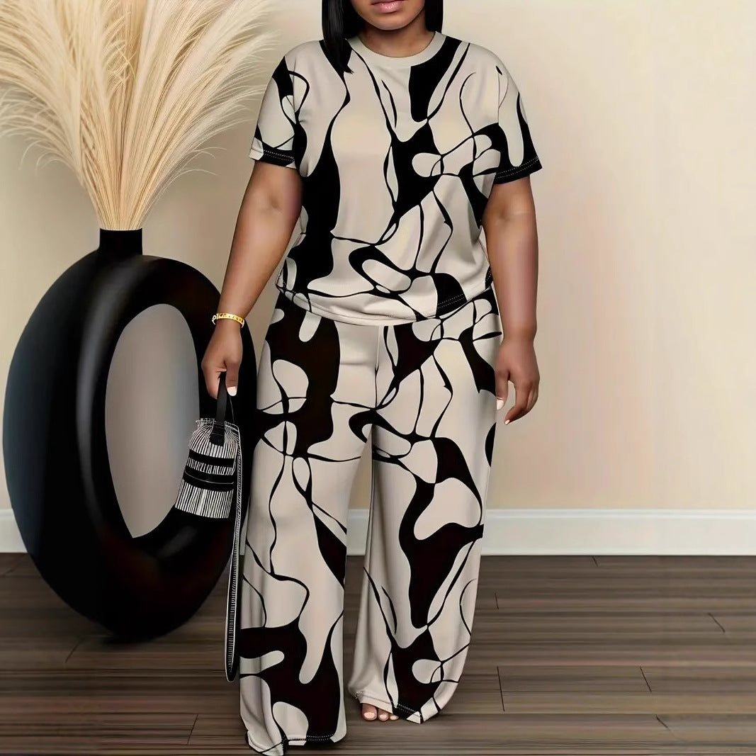 Plus Size Abstract Print Comfy Two-Piece Lounge Set by Elizabeth