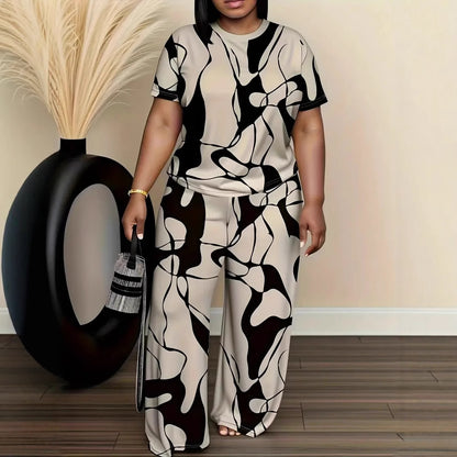 Plus Size Abstract Print Comfy Two-Piece Lounge Set by Elizabeth