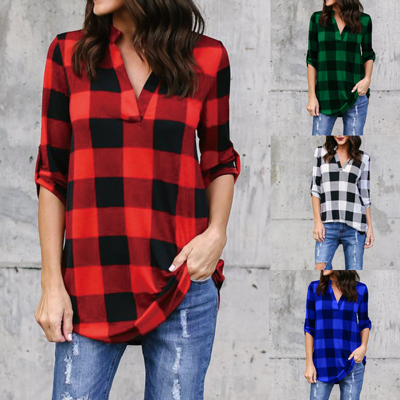 Plaid V-Neck Loose Blouse by Elizabeth Ainsley