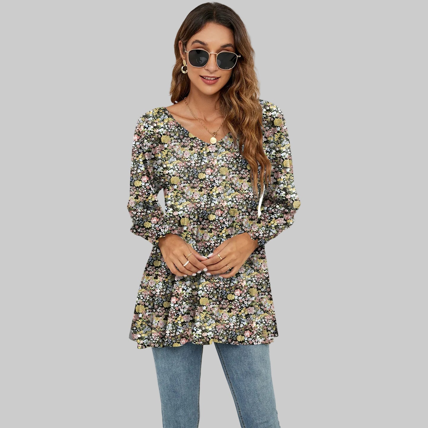 Floral Puff Sleeve V-Neck Top by Elizabeth Ainsley