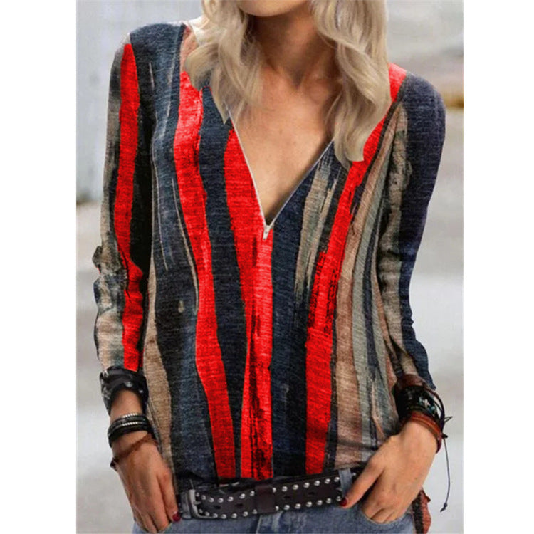 Vibrant Stripe Elizabeth Ainsley V-Neck Zip Top