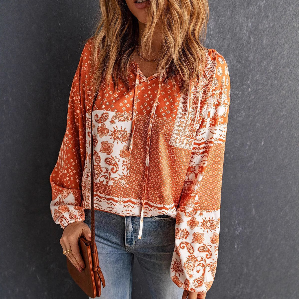 Boho Print Elizabeth Ainsley Long Sleeve Blouse