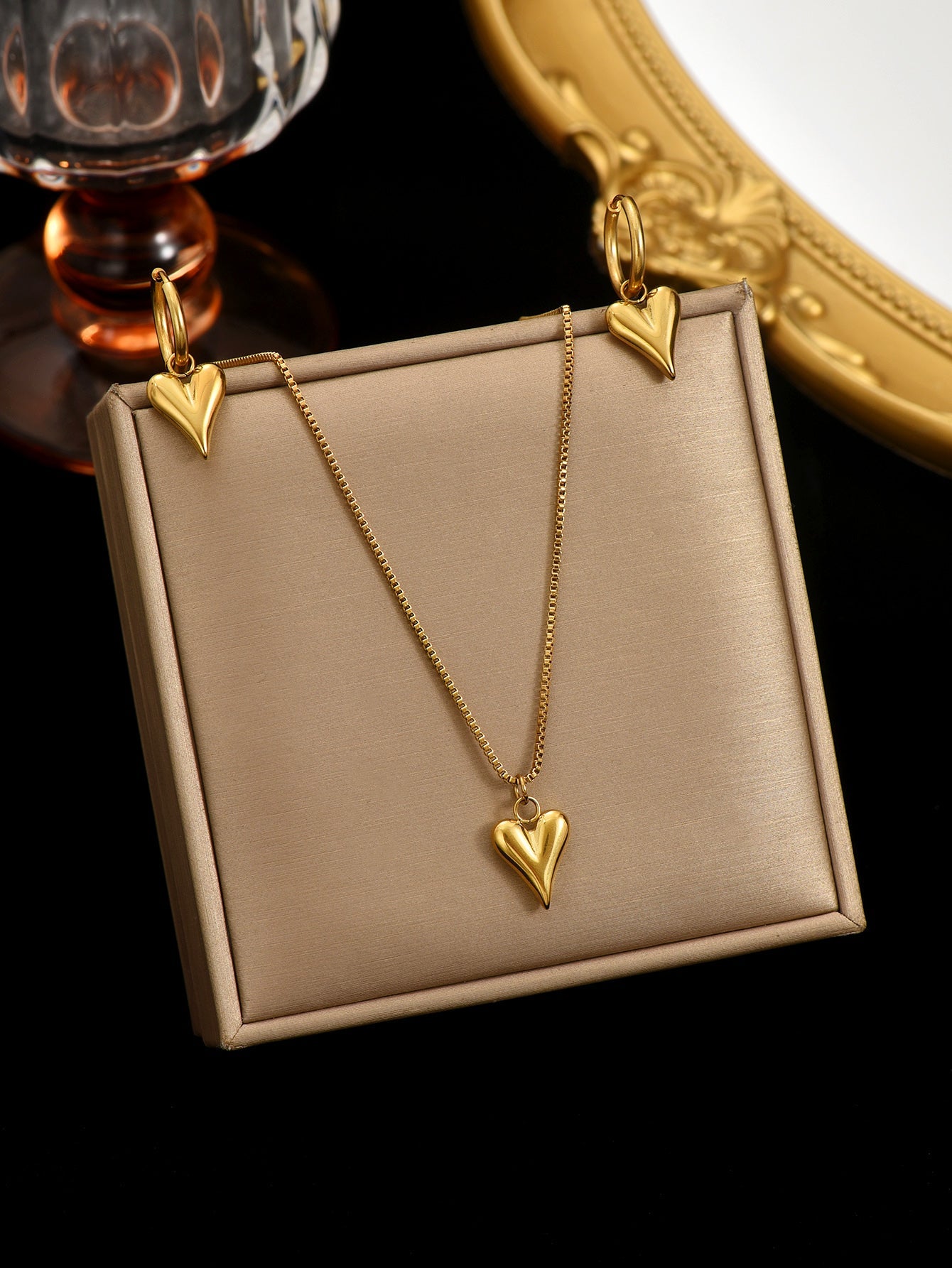 Minimal Heart Drop Necklace & Matching Hoop Earrings