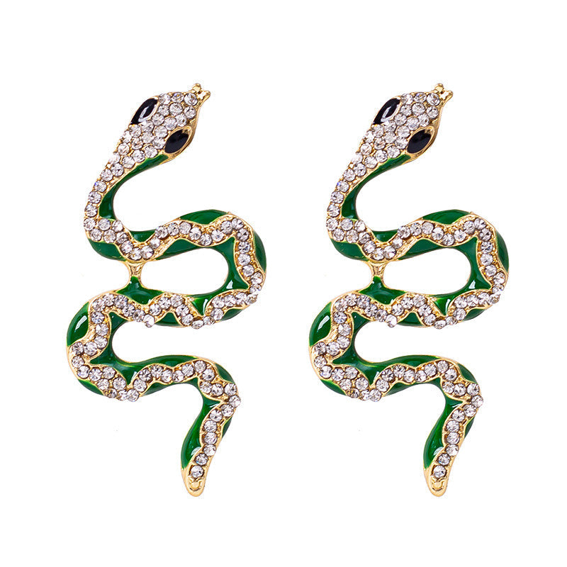 Green Rhinestone Snake Earrings