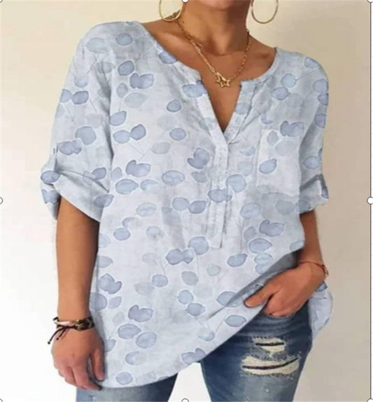 Printed V-Neck Cotton Blouse by Elizabeth Ainsley