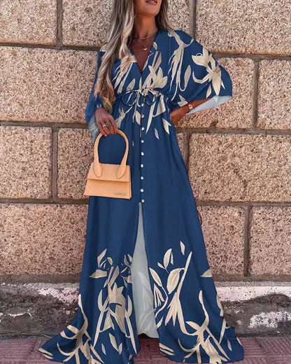 Vibrant V-Neck Lace-Up Maxi Dress by Elizabeth Ainsley