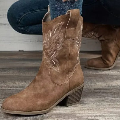 Elizabeth Ainsley Embroidered Western Boots - Chunky Heel