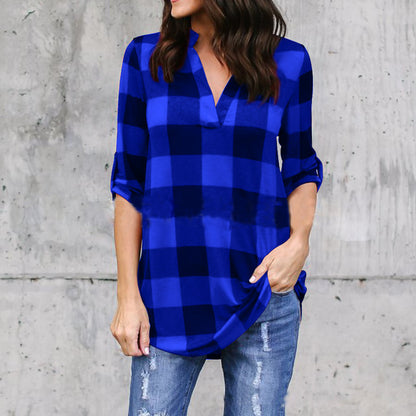 Plaid V-Neck Loose Blouse by Elizabeth Ainsley
