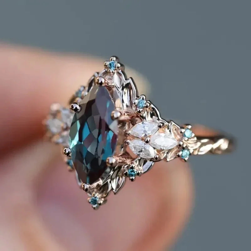 Krystal Crafts Handcrafted Midnight Teal Marquis Blossom Ring