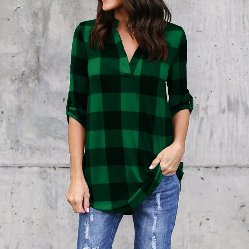 Plaid V-Neck Loose Blouse by Elizabeth Ainsley