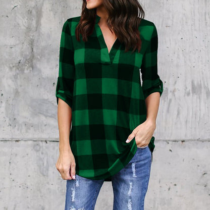Plaid V-Neck Loose Blouse by Elizabeth Ainsley