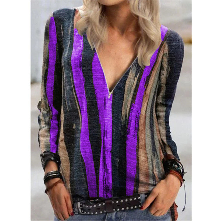 Vibrant Stripe Elizabeth Ainsley V-Neck Zip Top