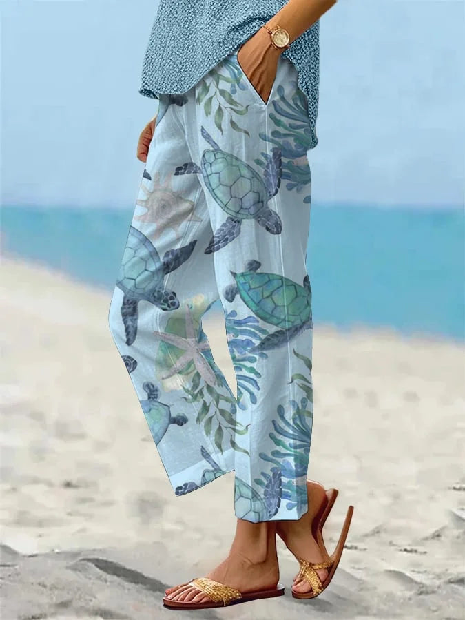 Sea Turtle Print Elizabeth Ainsley Cropped Pants