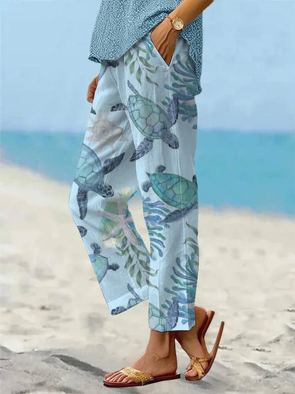 Sea Turtle Print Elizabeth Ainsley Cropped Pants
