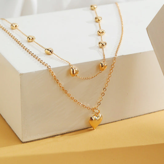 Layered Gold Heart Necklace – Double Chain Beaded Pendant Necklace