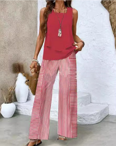 Print Suits Sleeveless Double-layer Vest And Loose Straight Pants Womens Clothing