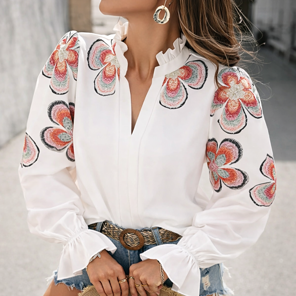 Chic V-Neck Ruffle Blouse by Elizabeth Ainsley