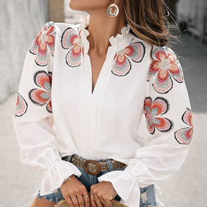 Chic V-Neck Ruffle Blouse by Elizabeth Ainsley