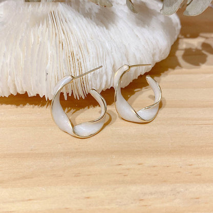 Geometric C-Shape Milky White Enamel Hoop Earrings