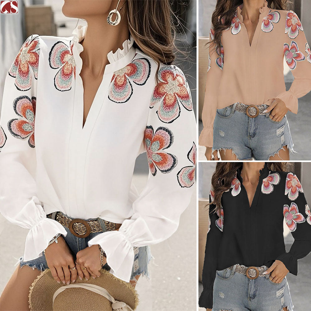 Chic V-Neck Ruffle Blouse by Elizabeth Ainsley