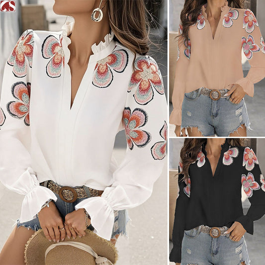 Chic V-Neck Ruffle Blouse by Elizabeth Ainsley